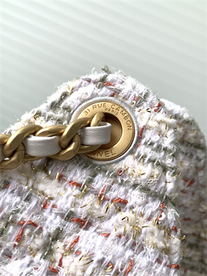 Chanel 25 Small Handbag Tweed Gold Tone Metal White AS5293
