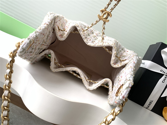 Chanel 25 Small Handbag Tweed Gold Tone Metal White AS5293