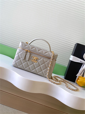 Chanel Vanity With Chain Shinny Lambskin , Strass & Gold-Tone Metal Light Grey AP4804