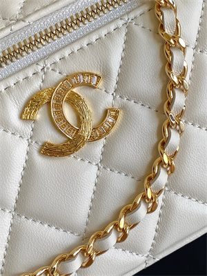 Chanel Vanity With Chain Shinny Lambskin , Strass & Gold-Tone Metal White AP4804