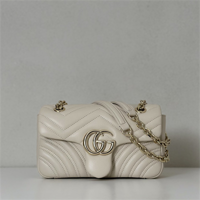 Gu.cci GG Marmont Small shoulder bag matelassé chevron lambskin leather Lt Gold toned hardware White 837280