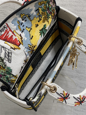CD Medium Lady D-Lite Bag  Embroidery White/Yellow Multicolors