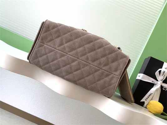 Chanel 25 Medium Handbag Suede Gold Tone Metal Taupe AS5311