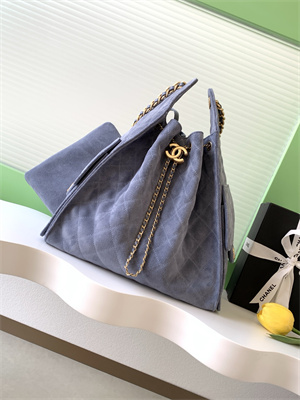 Chanel 25 Medium Handbag Suede Gold Tone Metal Blue AS5311