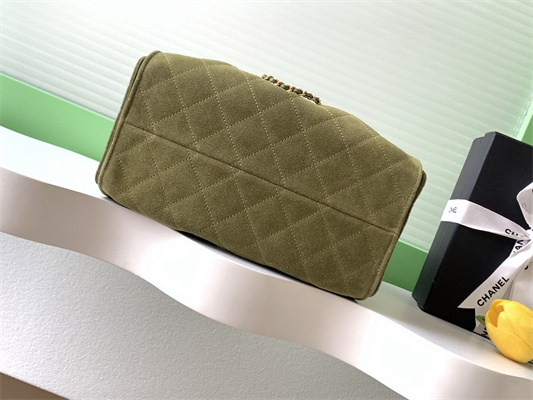Chanel 25 Small Handbag Suede Gold Tone Metal Green AS5293