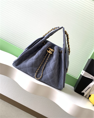 Chanel 25 Small Handbag Suede Gold Tone Metal Blue AS5293