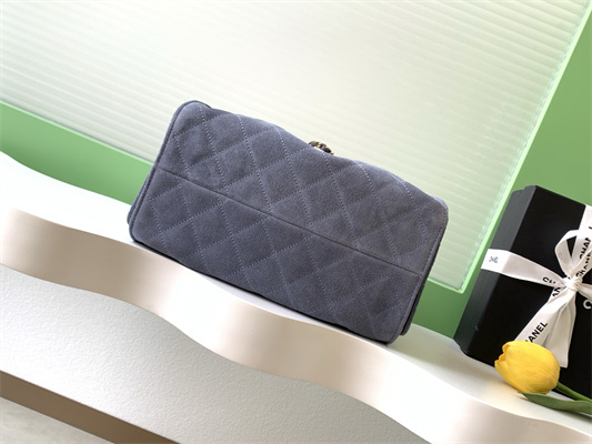 Chanel 25 Small Handbag Suede Gold Tone Metal Blue AS5293