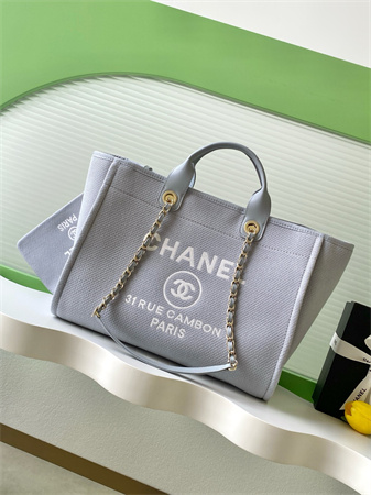 Chanel Deauville Large Shopping Bag Mixed Fibers Gold Tone Metal lt Grey A66941