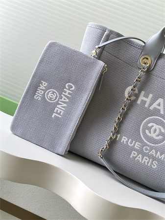 Chanel Deauville Large Shopping Bag Mixed Fibers Gold Tone Metal lt Grey A66941