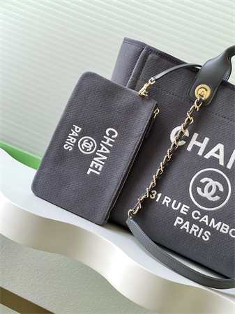 Chanel Deauville Large Shopping Bag Mixed Fibers Gold Tone Metal Grey A66941