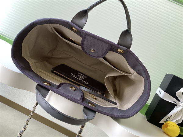 Chanel Deauville Large Shopping Bag Mixed Fibers Gold Tone Metal Grey A66941