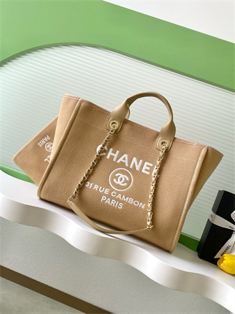 Chanel Deauville Large Shopping Bag Mixed Fibers Gold Tone Metal Dk Beige A66941