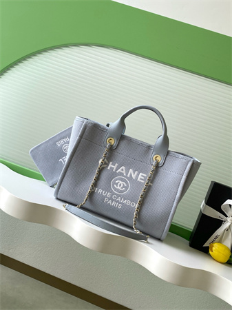 Chanel Deauville Small Shopping Bag Mixed Fibers Gold Tone Metal Lt Grey AS3257