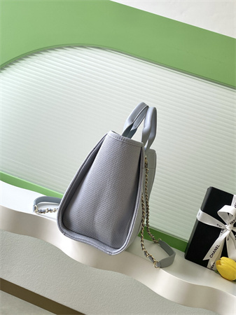 Chanel Deauville Small Shopping Bag Mixed Fibers Gold Tone Metal Lt Grey AS3257