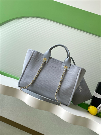 Chanel Deauville Small Shopping Bag Mixed Fibers Gold Tone Metal Lt Grey AS3257