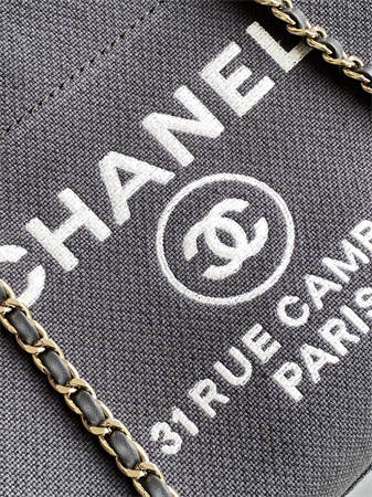 Chanel Deauville Small Shopping Bag Mixed Fibers Gold Tone Metal Grey AS3257