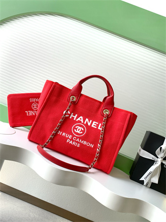 Chanel Deauville Small Shopping Bag Mixed Fibers Gold Tone Metal Red AS3257