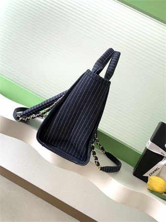 Chanel Deauville Small Shopping Bag Mixed Fibers Strip Gold Tone Metal AS3257