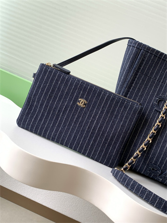 Chanel Deauville Small Shopping Bag Mixed Fibers Strip Gold Tone Metal AS3257