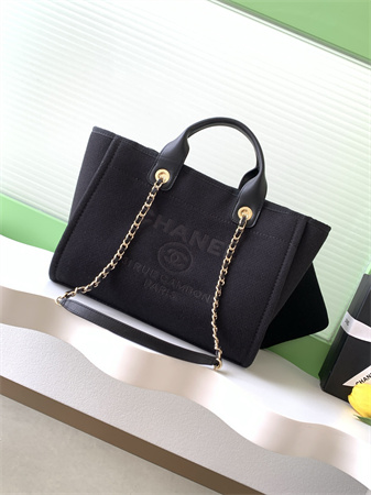 Chanel Deauville Small Shopping Bag Mixed Fibers Gold Tone Metal Black AS3257