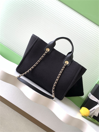 Chanel Deauville Small Shopping Bag Mixed Fibers Gold Tone Metal Black AS3257