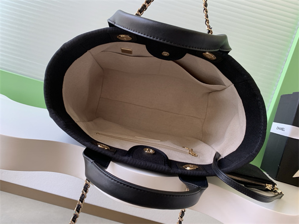 Chanel Deauville Small Shopping Bag Mixed Fibers Gold Tone Metal Black AS3257