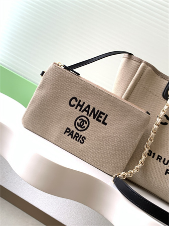 Chanel Deauville Small Shopping Bag Mixed Fibers Gold Tone Metal Beige AS3257