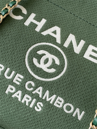 Chanel Deauville Small Shopping Bag Mixed Fibers Gold Tone Metal Green AS3257