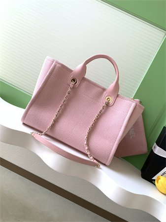 Chanel Deauville Small Shopping Bag Mixed Fibers Gold Tone Metal Pink AS3257