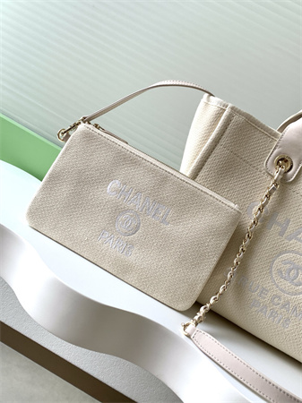 Chanel Deauville Small Shopping Bag Mixed Fibers Gold Tone Metal AS3257