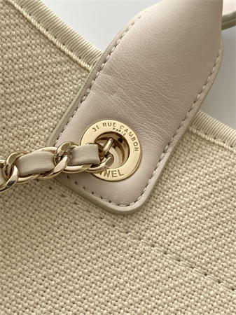 Chanel Deauville Small Shopping Bag Mixed Fibers Gold Tone Metal AS3257